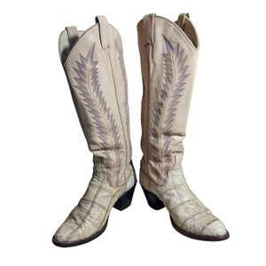 Vintage Larry Mahan Ivory Western Cowboy Boots Ostrich Print Tall USA